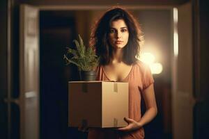 A young woman with dark hair, carrying large box during a move ,Generative AI photo