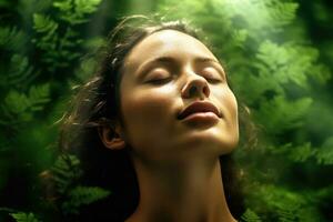 Close up face woman with eyes closed on background of green leaves wall., Relaxed and confident, Generative AI. photo