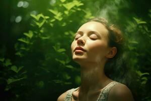 Close up face woman with eyes closed on background of green leaves wall., Relaxed and confident, Generative AI. photo