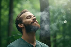 un hombre relajado respiración Fresco aire en un verde bosque a natural ,generativo ai. foto