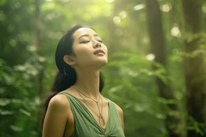 Close up face woman with eyes closed on background of green leaves wall., Relaxed and confident, Generative AI. photo