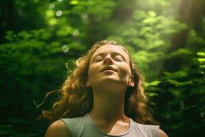 Close up face woman with eyes closed on background of green leaves wall., Relaxed and confident, Generative AI. photo