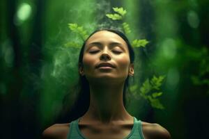 Close up face woman with eyes closed on background of green leaves wall., Relaxed and confident, Generative AI. photo