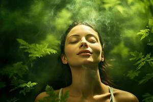 Close up face woman with eyes closed on background of green leaves wall., Relaxed and confident, Generative AI. photo