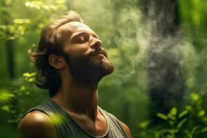 un hombre relajado respiración Fresco aire en un verde bosque a natural ,generativo ai. foto