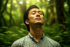 A man relaxed breathing fresh air in a green forest at natural ,Generative AI. photo