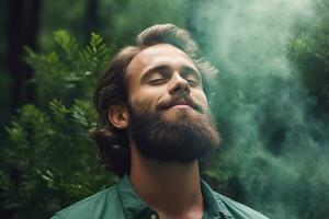 A man relaxed breathing fresh air in a green forest at natural ,Generative AI. photo