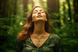 Close up face woman with eyes closed on background of green leaves wall., Relaxed and confident, Generative AI. photo