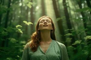 Close up face woman with eyes closed on background of green leaves wall., Relaxed and confident, Generative AI. photo