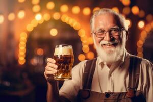 Senior man holding beer, Oktoberfest background,Generative AI photo