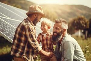 un familia con solar panel en un soleado día, verde alternativa energía concepto, generativo ai. foto