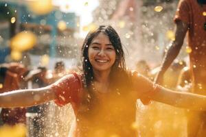 Young adult woman is on vacation Songkran water festival Thailand,Generative AI photo