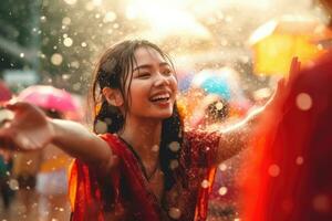 joven adulto mujer es en vacaciones Songkran agua festival Tailandia,generativa ai foto