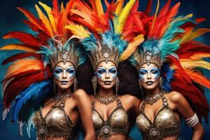 Three Woman in brazilian samba carnival costume with colorful feathers plumage ,Brazilian Carnival ,Generative AI photo