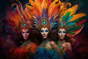 Three Woman in brazilian samba carnival costume with colorful feathers plumage ,Brazilian Carnival ,Generative AI photo