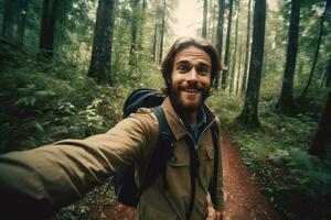 Travel blogger man taking selfie , trekking and filming in destination forest.Generative AI. photo