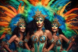 Three Woman in brazilian samba carnival costume with colorful feathers plumage ,Brazilian Carnival ,Generative AI photo