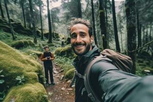 Travel blogger man taking selfie , trekking and filming in destination forest.Generative AI. photo