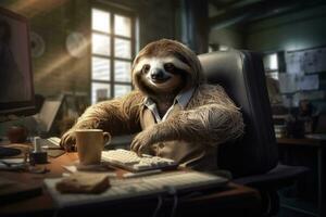 Sloth challenges expectations, showcasing its focused work ethic and determination in an office environment,Generative AI. photo