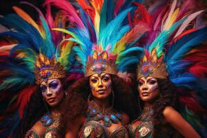 Three Woman in brazilian samba carnival costume with colorful feathers plumage ,Brazilian Carnival ,Generative AI photo