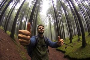 Travel blogger man taking selfie , trekking and filming in destination forest.Generative AI. photo