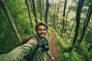 Travel blogger man taking selfie , trekking and filming in destination forest.Generative AI. photo