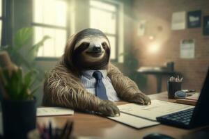 Sloth challenges expectations, showcasing its focused work ethic and determination in an office environment,Generative AI. photo