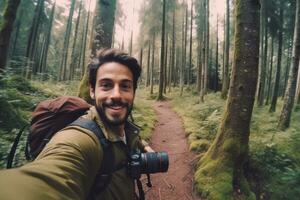 Travel blogger man taking selfie , trekking and filming in destination forest.Generative AI. photo