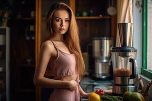 Young woman preparing a healthy smoothie in the kitchen,Generative AI. photo