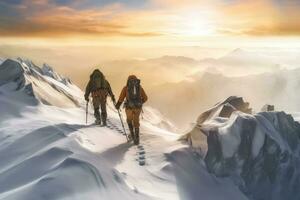 Pareja escaladores escalada el montañas en invierno ,generativo ai foto