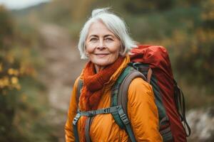 Attractive senior woman on hiking ,Generative AI photo