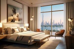 contemporáneo y opulento dormitorio ofertas puntos de vista de horizonte ,generativo ai foto