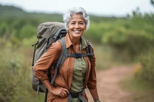 Attractive senior woman on hiking ,Generative AI photo