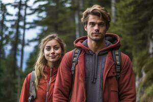 Attractive couple on hiking ,Generative AI photo