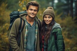 Attractive couple on hiking ,Generative AI photo