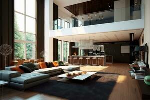 Modern living room and a integrated kitchen ,Generative AI. photo