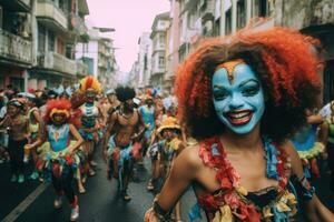 Carnival parade on the street in Rio de Janeiro , Brazilian Carnival ,Generative AI photo