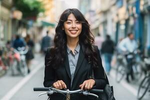 Businesswoman go to work at office take bicycle on street around building on a city street ,Generative AI. photo