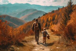 Dad and son hiking in the mountains it autumn,Generative AI photo