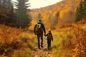 Dad and son hiking in the mountains it autumn,Generative AI photo