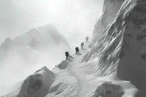 un grupo de escaladores escalada el montañas en invierno ,generativo ai foto