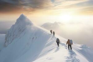 un grupo de escaladores escalada el montañas en invierno ,generativo ai foto