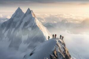 un grupo de escaladores escalada el montañas en invierno ,generativo ai foto