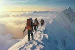 un grupo de escaladores escalada el montañas en invierno ,generativo ai foto