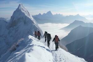 un grupo de escaladores escalada el montañas en invierno ,generativo ai foto