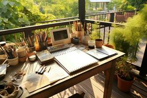 Trend of outdoor home offices in the summer ,Generative AI. photo