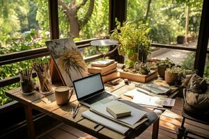 Trend of outdoor home offices in the summer ,Generative AI. photo