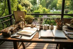 Trend of outdoor home offices in the summer ,Generative AI. photo