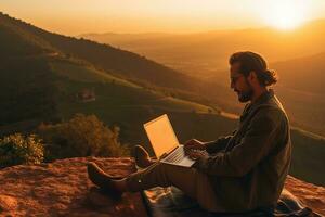 Digital nomad sitting on top of a hill working with his laptop over the city at sunset ,Generative AI. photo