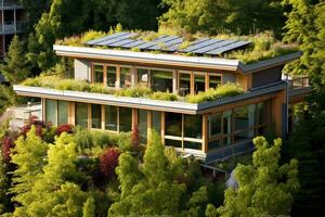 Modern green roof adorned with vibrant plants, complemented, green alternative energy concept,Generative AI. photo